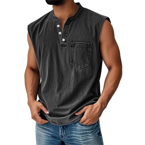 Men Sleeveless Beach Shirts Hawaiian Summer Shirt Button Vest Henley Tank Tops