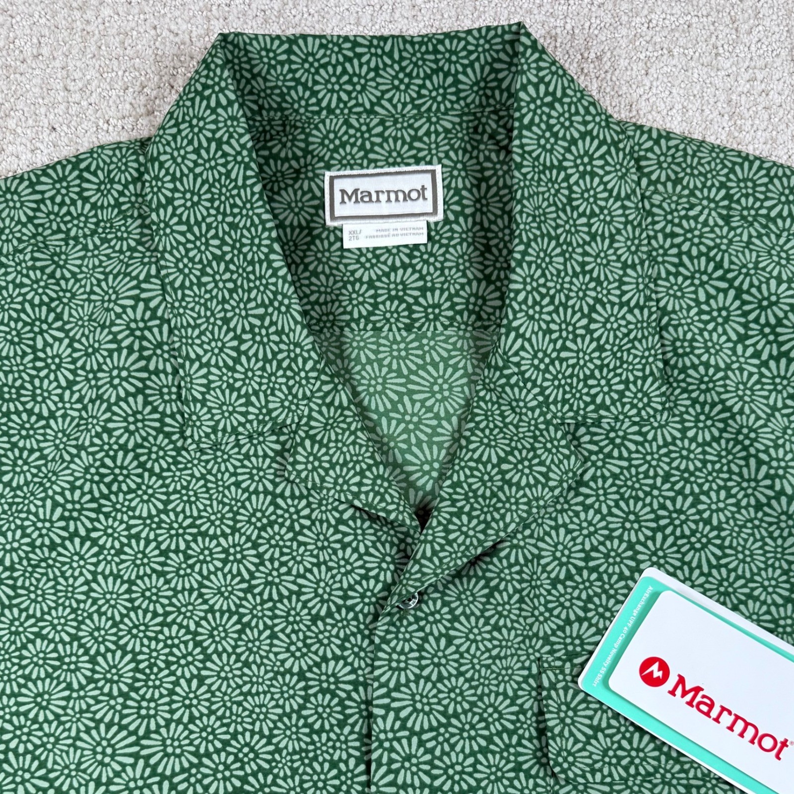 NEW Marmot Mens 2XL Juniper Green Mini Bloom AirExchange UPF40 Camp Button Up