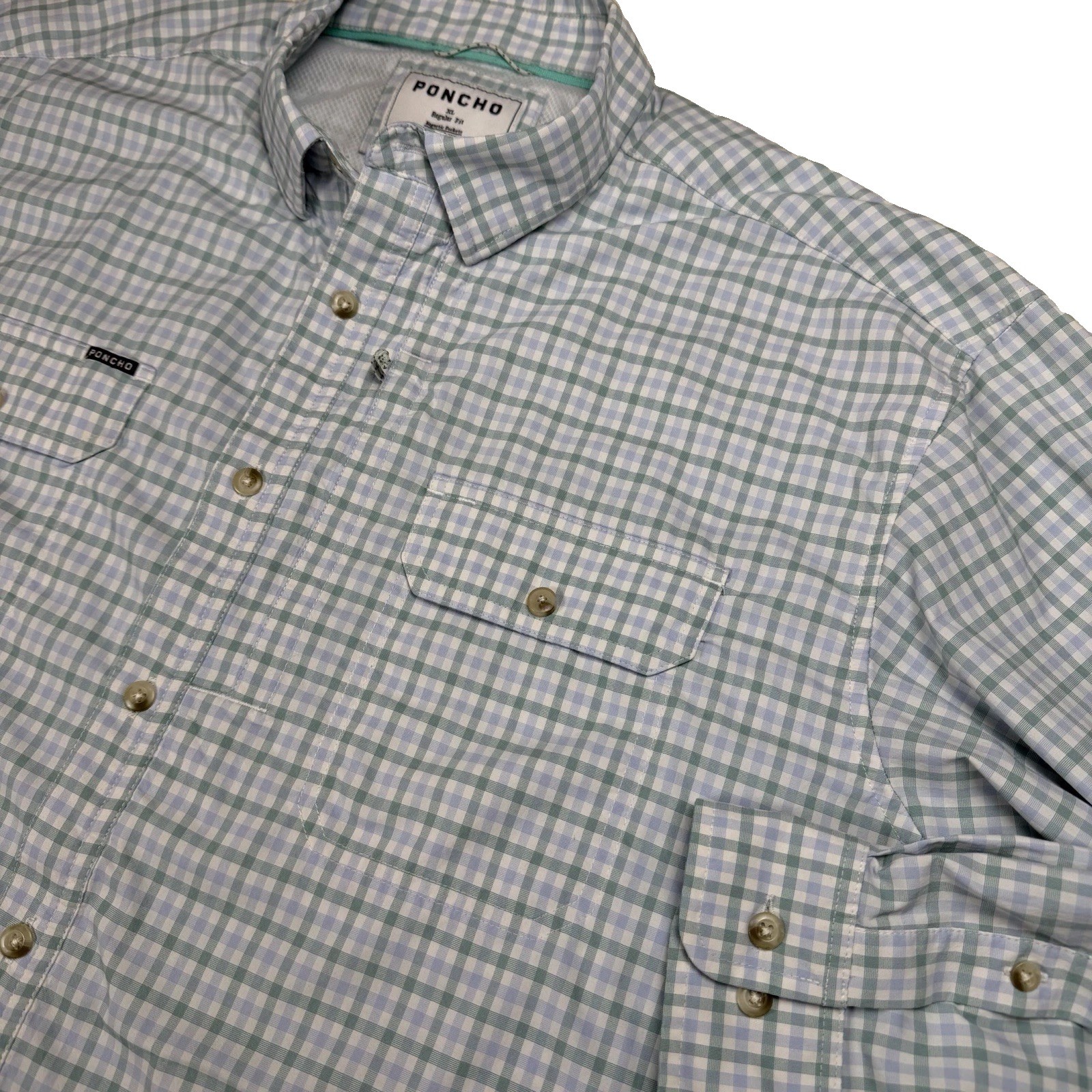 Poncho Mens XL Regular Fit Check Shirt Magnetic Pockets UPF Long Sleeve Camping