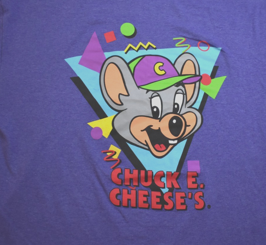 Chuck E. Cheese Mens Chuck E. Cheese’s Party Pizza Purple Shirt New S-2XL