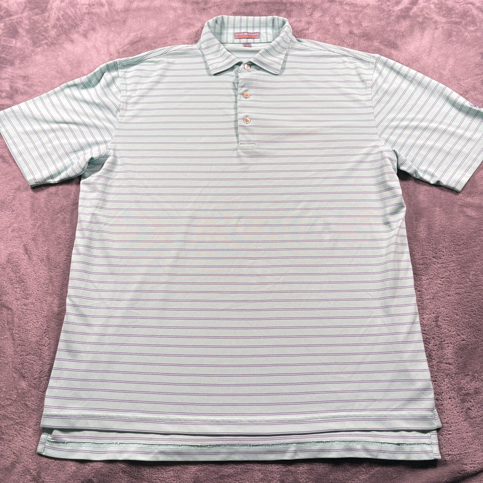 Peter Millar Polo Shirt Mens Large Green Striped Summer Comfort High Low Hem