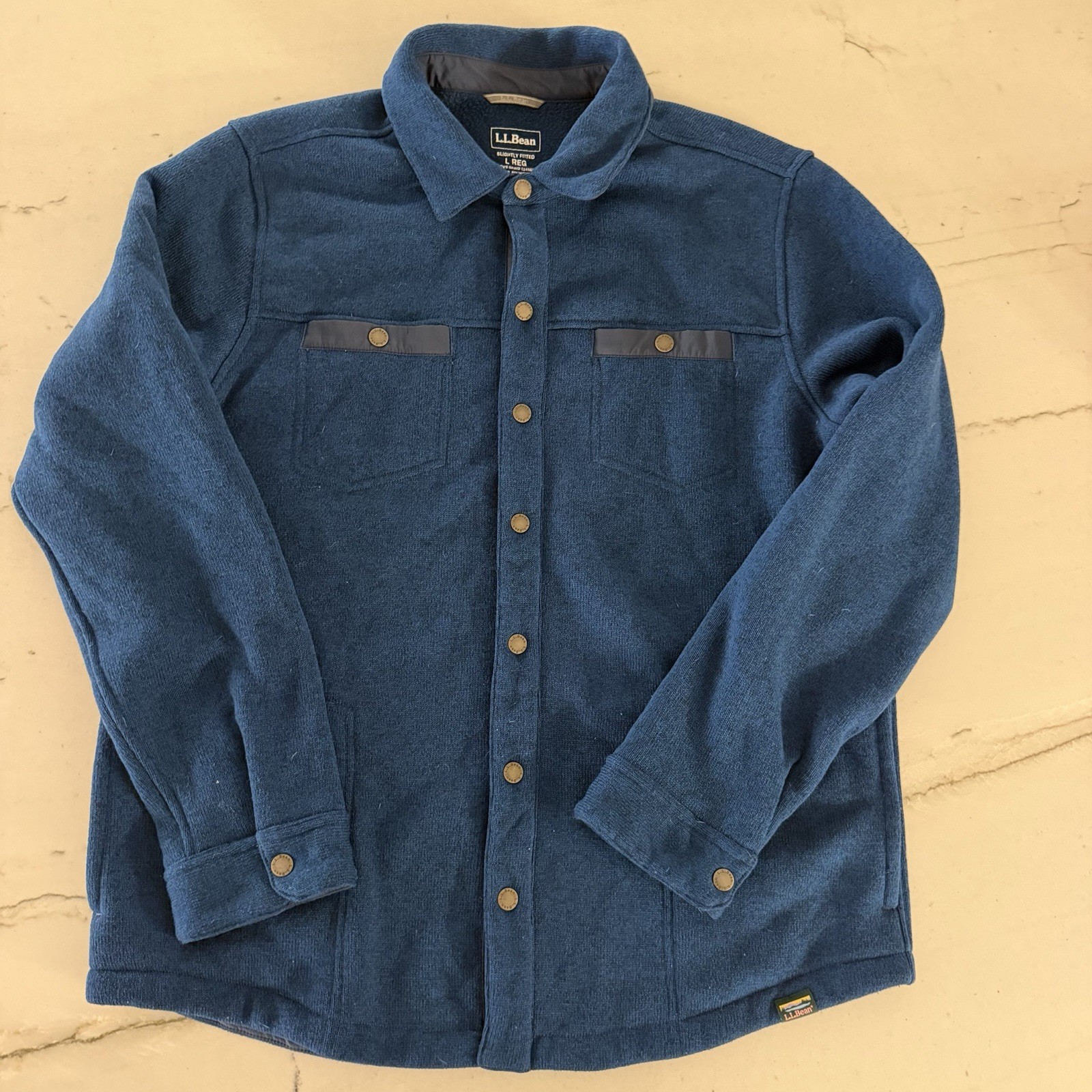 LL Bean Shacket Mens Large Reg Blue Sweater Fleece Jac Snap Shirt Heavy Casual