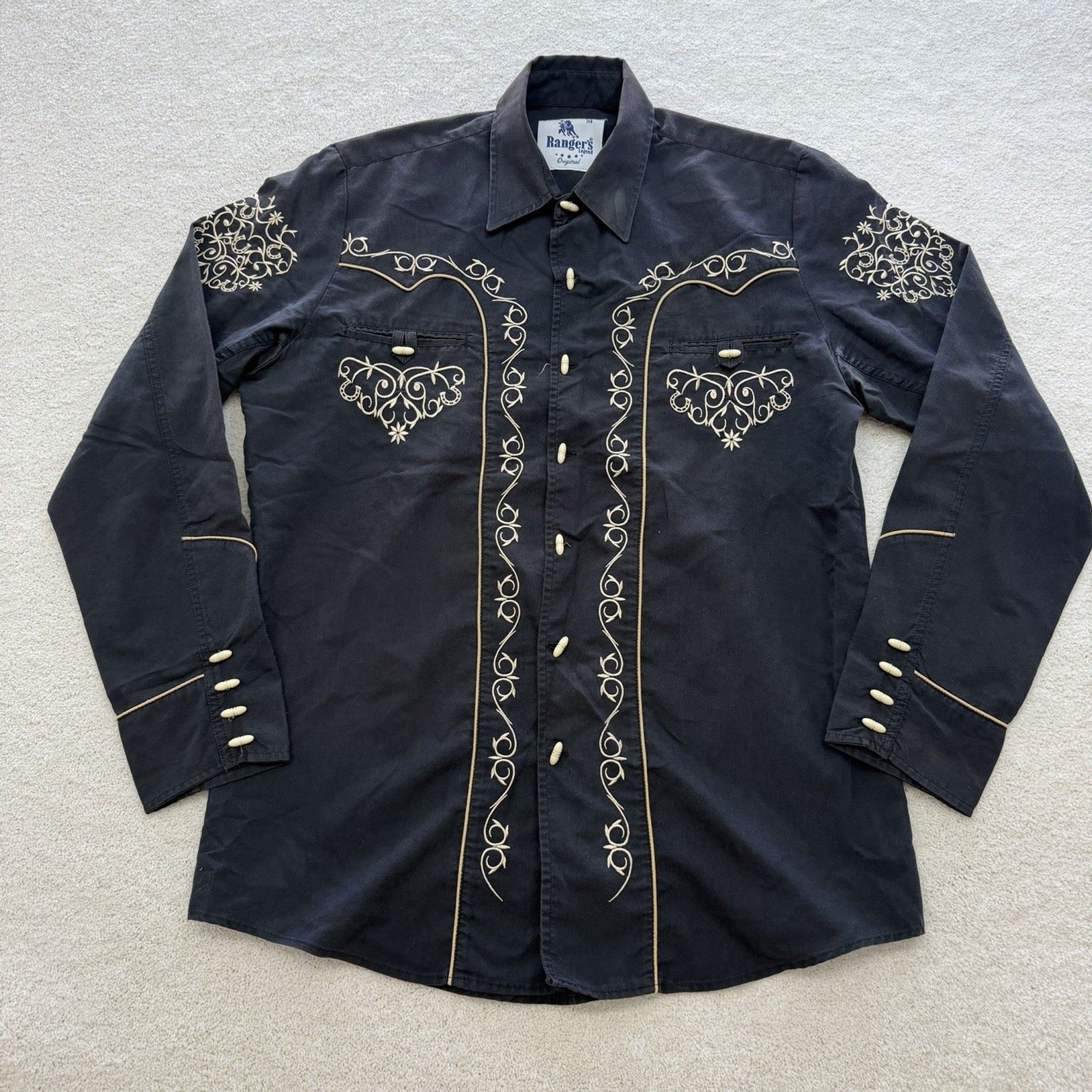 Rangers Legend Shirt Men Small Black Western Embroidered Cowboy Rodeo Horns