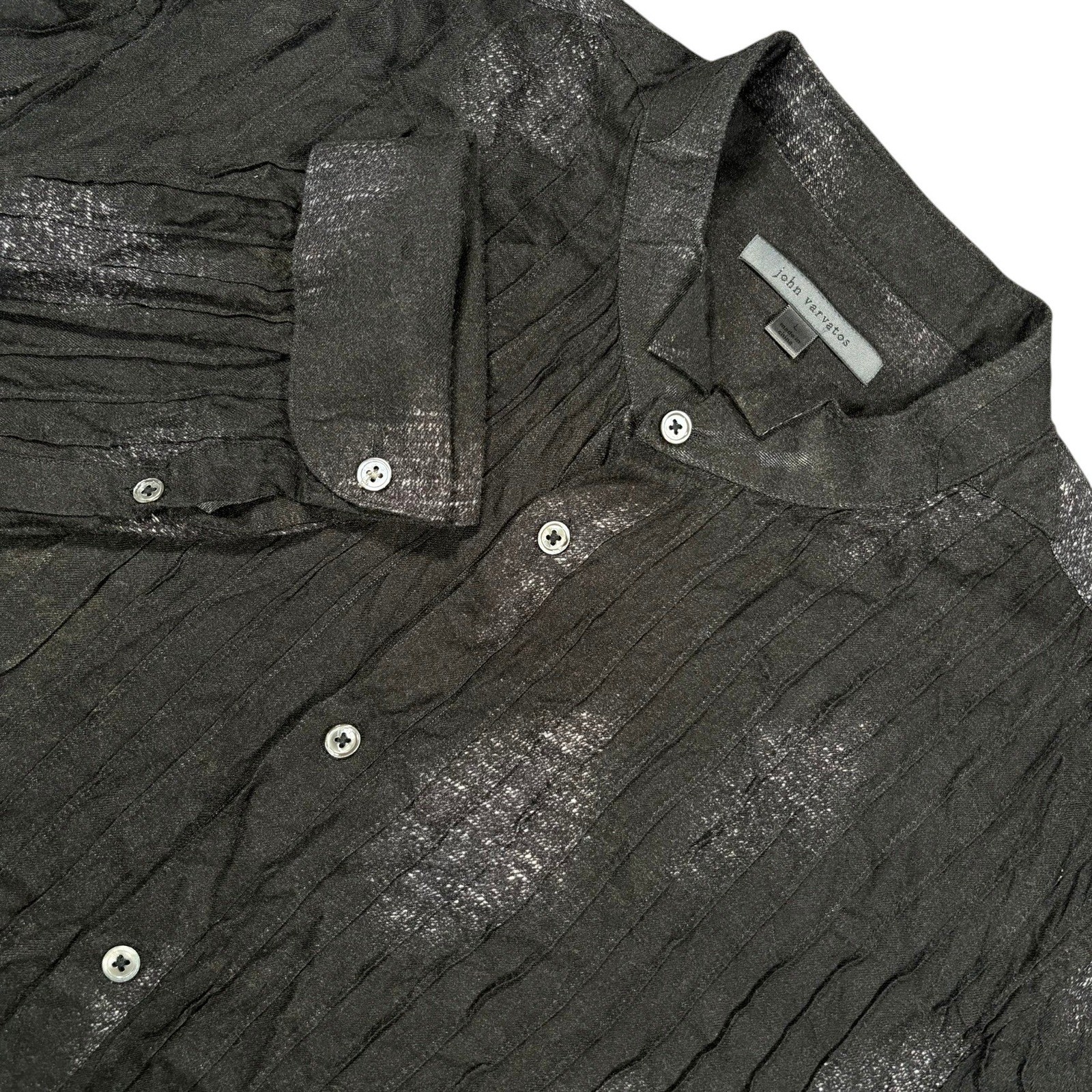 John Varvatos Pleated Crinkle Shirt Mens L Black Band Collar French Cuffs