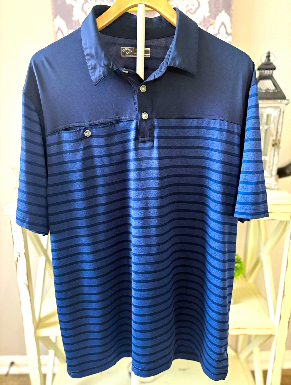 Callaway Men’s Blue Striped Short Sleeve Polo Shirt XL Polyester Spandex