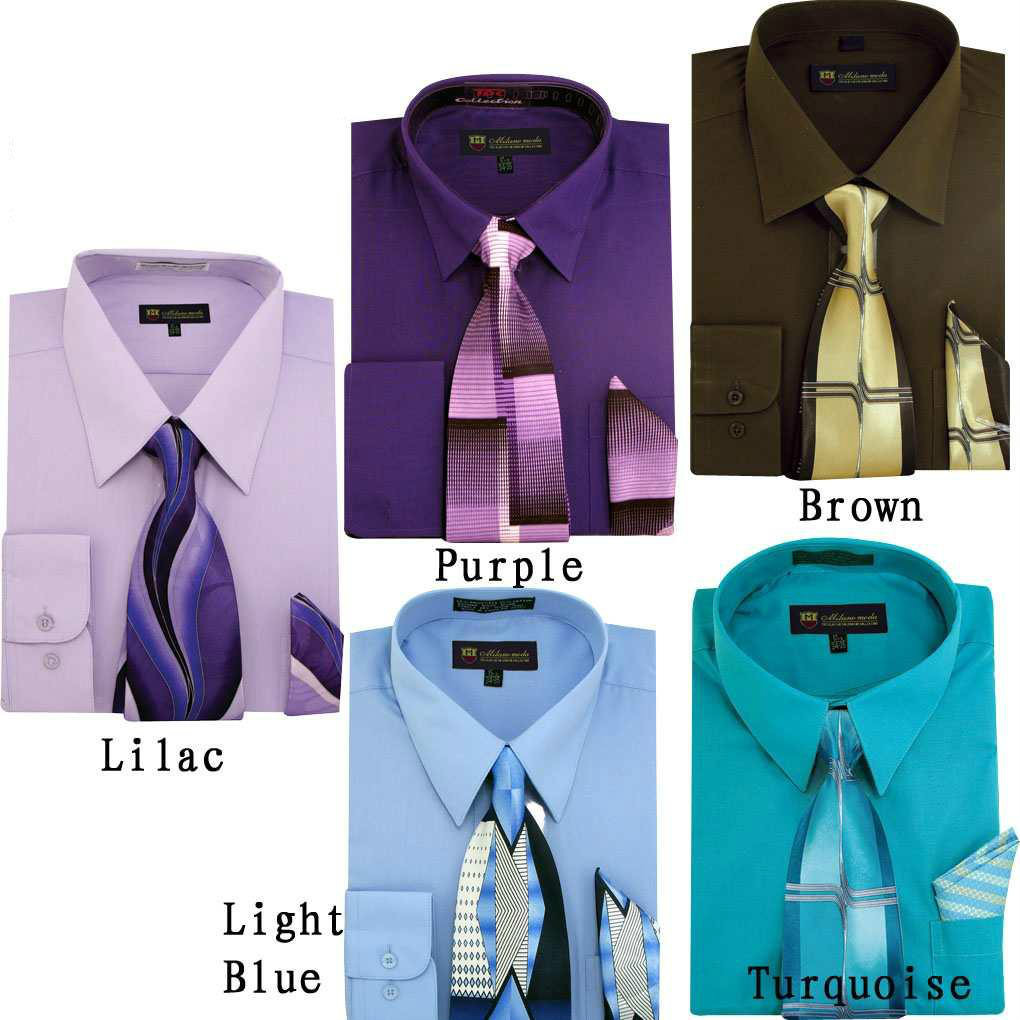 Men’s Dress Shirt + Matching Tie + Handkerchief Set Unique Colors Size 15~20 S21
