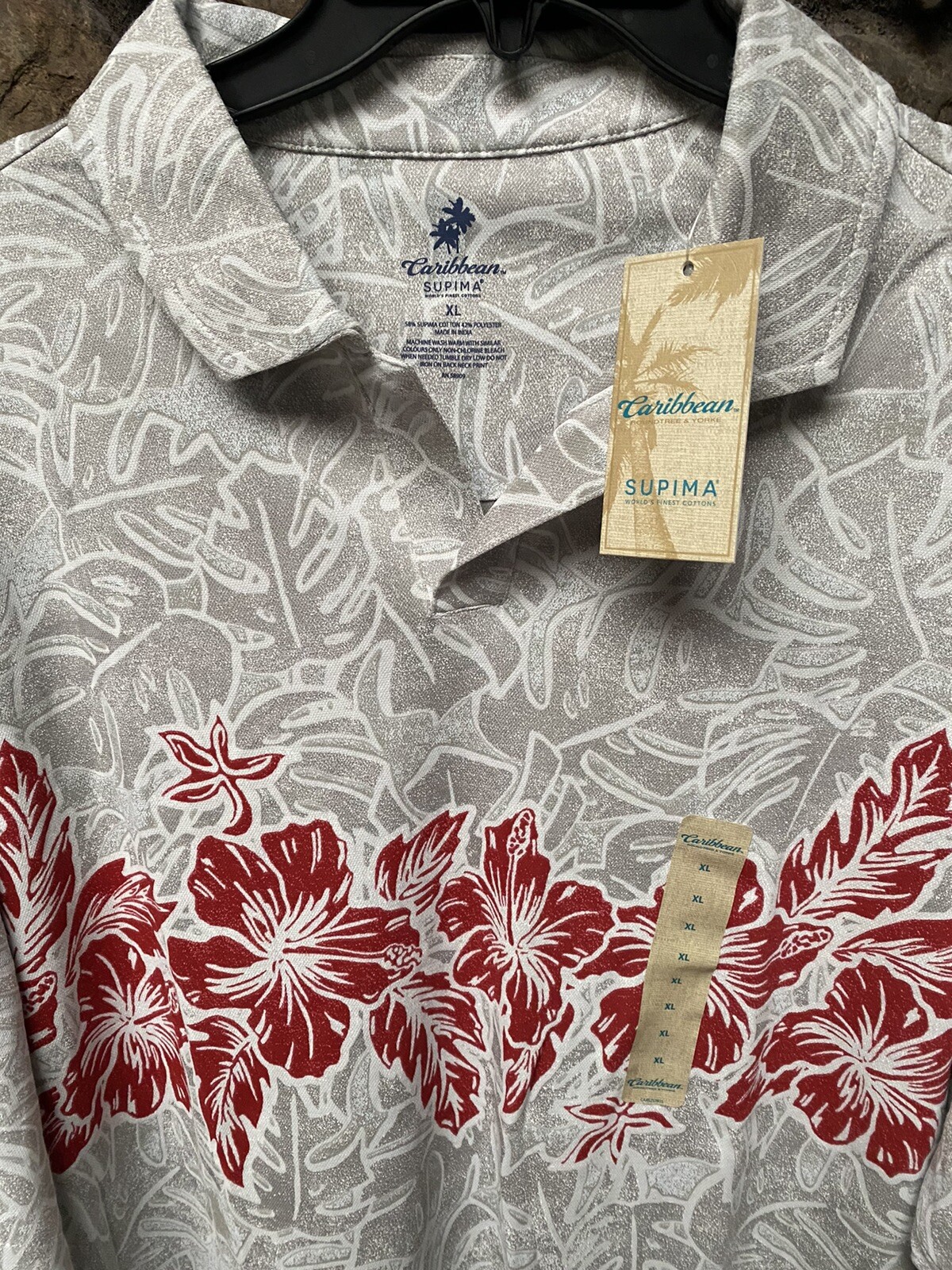 CARIBBEAN Floral Print Pima Cotton Blend S/S Polo Shirt Mens Sz S,XL Gray NWT$69