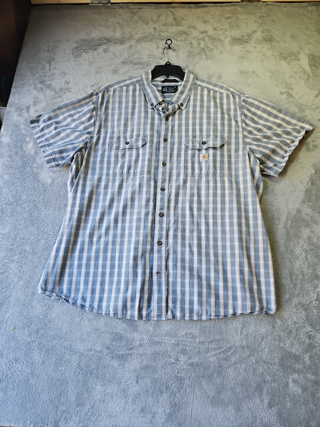 Carhartt Men’s 3XLT Plaid Short Sleeve Casual Button Up Loose Fit Lt Blue D 24