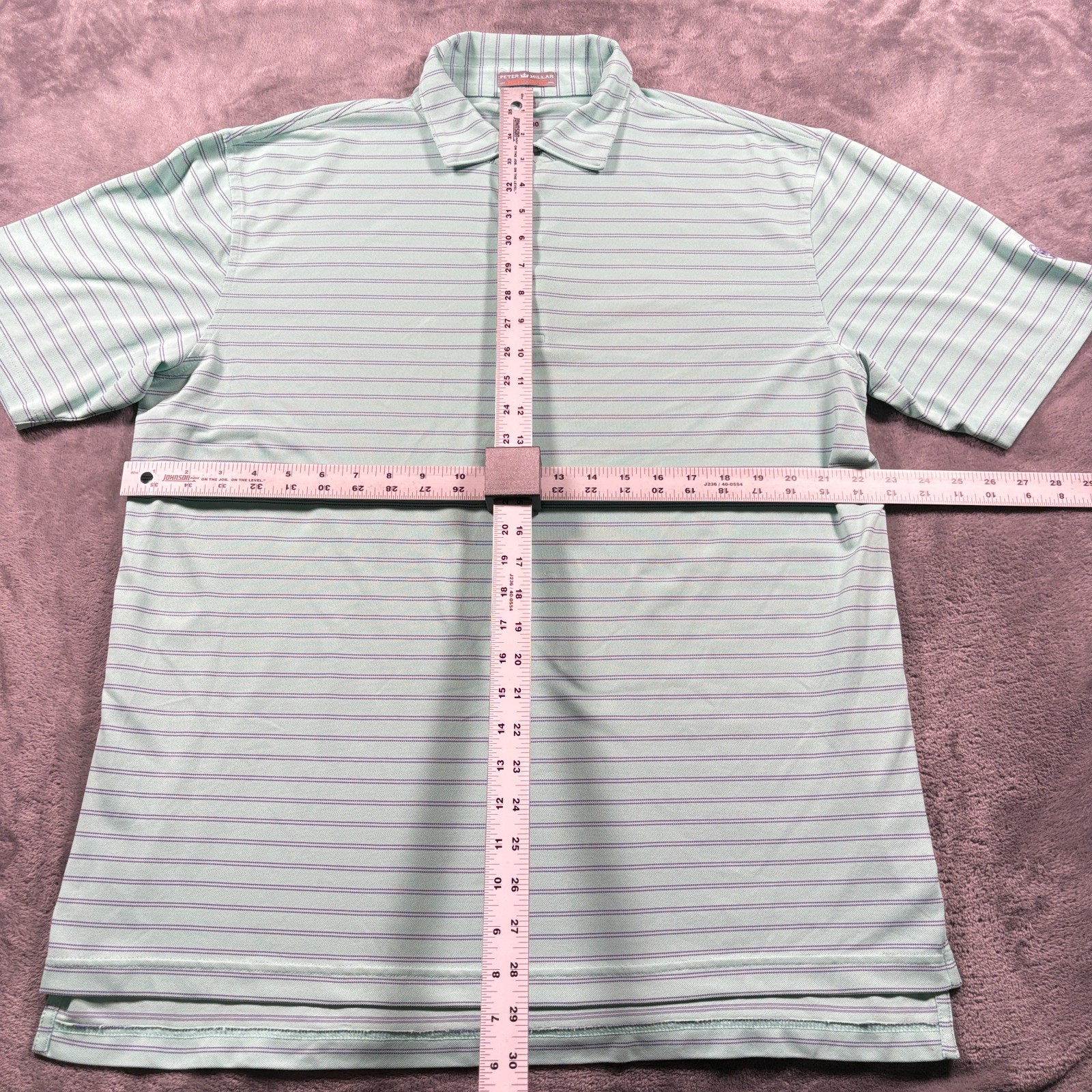 Peter Millar Polo Shirt Mens Large Green Striped Summer Comfort High Low Hem