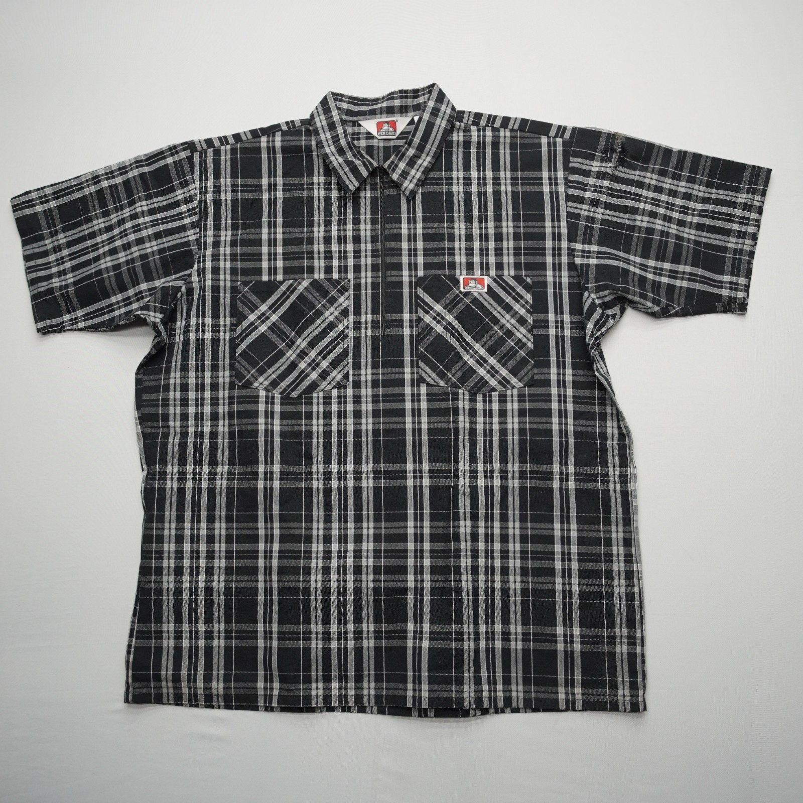 Ben Davis Mens Plaid Half Zip Short Sleeve Work Shirt Black XL USA Made