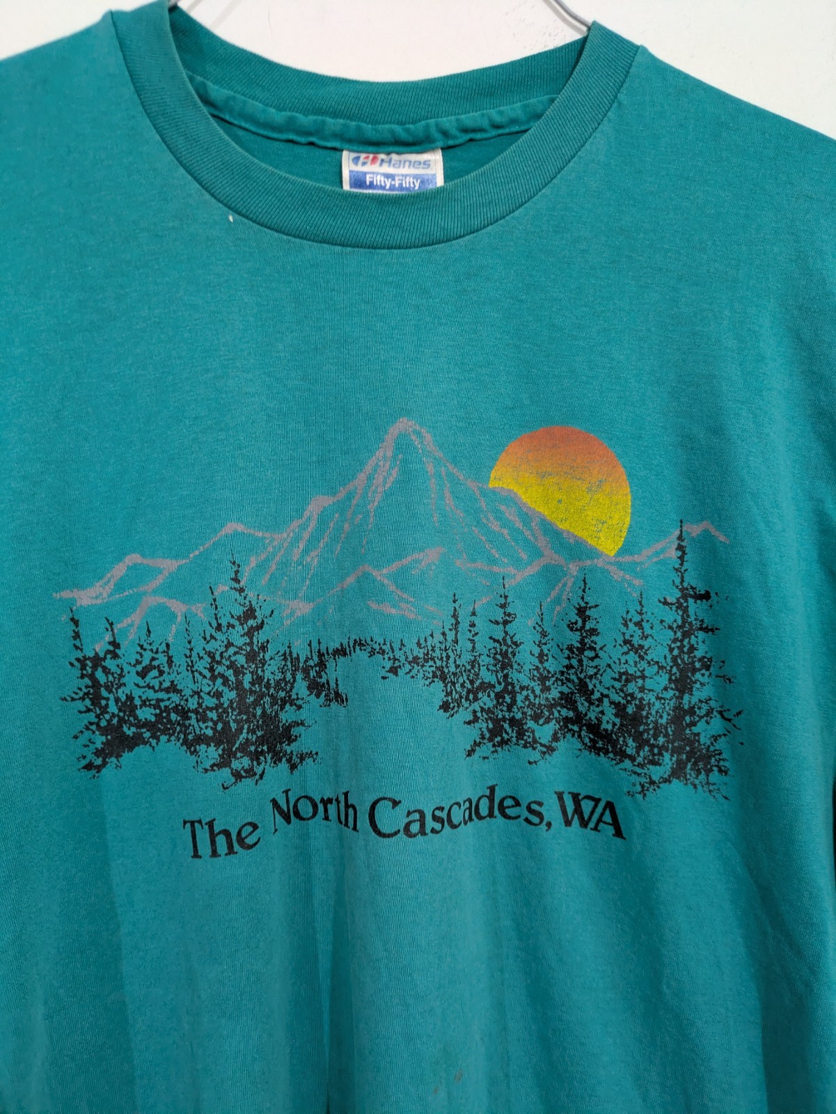 3166 Hanes Fifty-Fifty Men’s L Teal North Cascades, WA Graphic Crew Neck T-Shirt