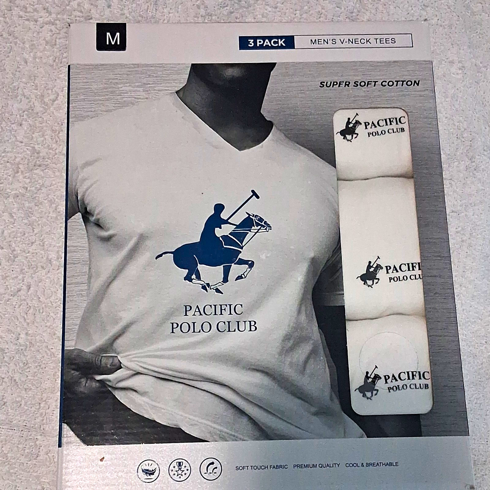 Pacific Polo Club Men’s 3-Pack White V-Neck T-Shirts M Cotton Logo