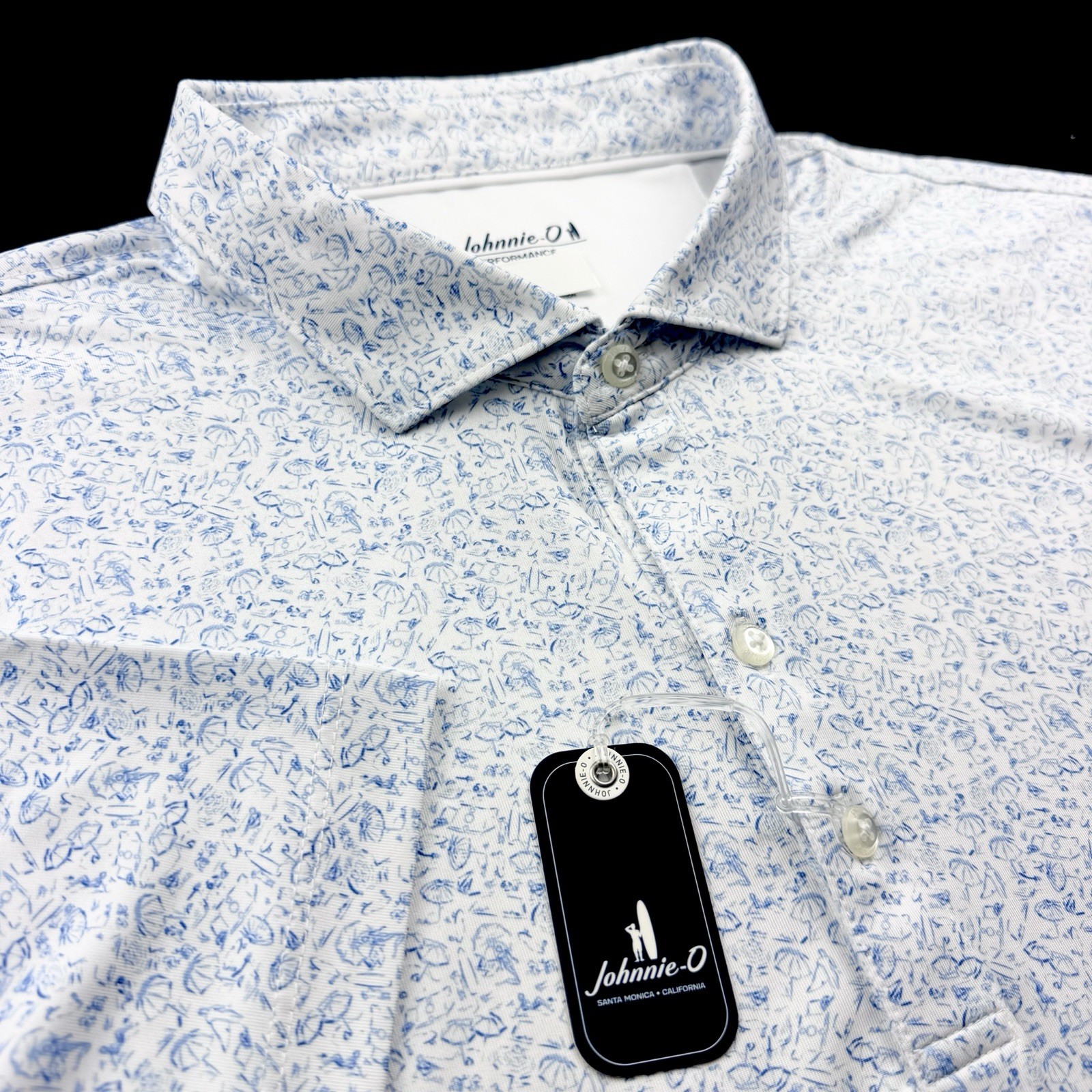 Johnnie O Performance Golf Beach Outdoor Print Polo Shirt White Blue XL