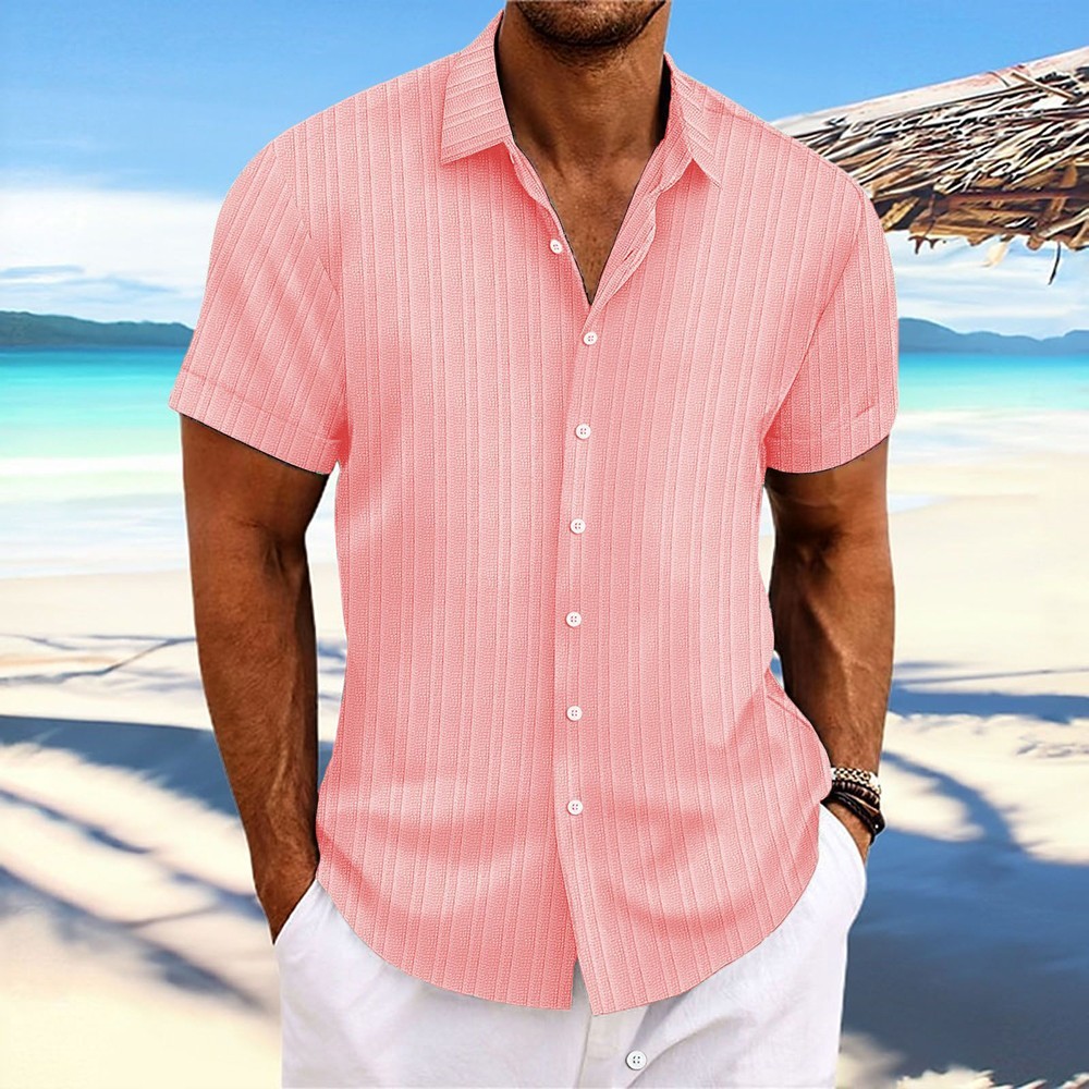 2025 Men Striped Button Down T Shirts Grandad Summer Short Sleeve Casual Tops