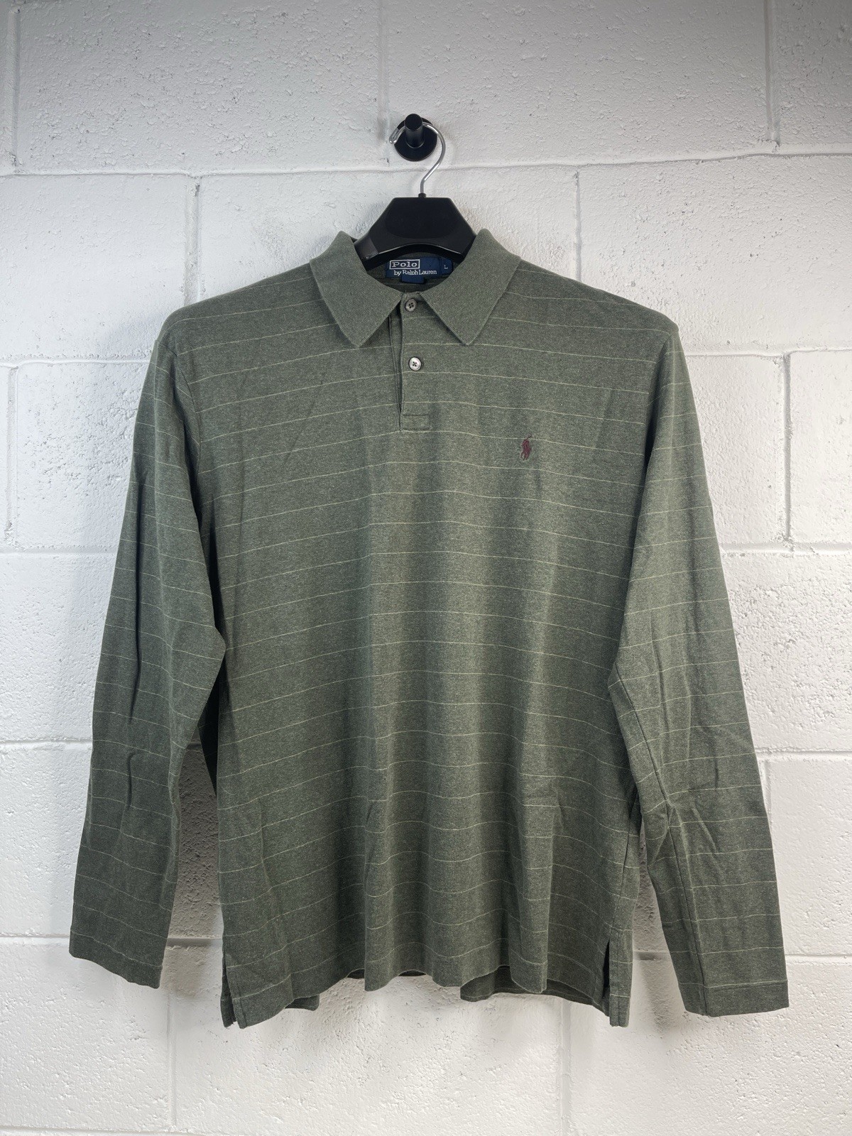 Ralph Lauren Polo Shirt Mens L Green Striped Long Sleeve Golf Rugby 100% Cotton