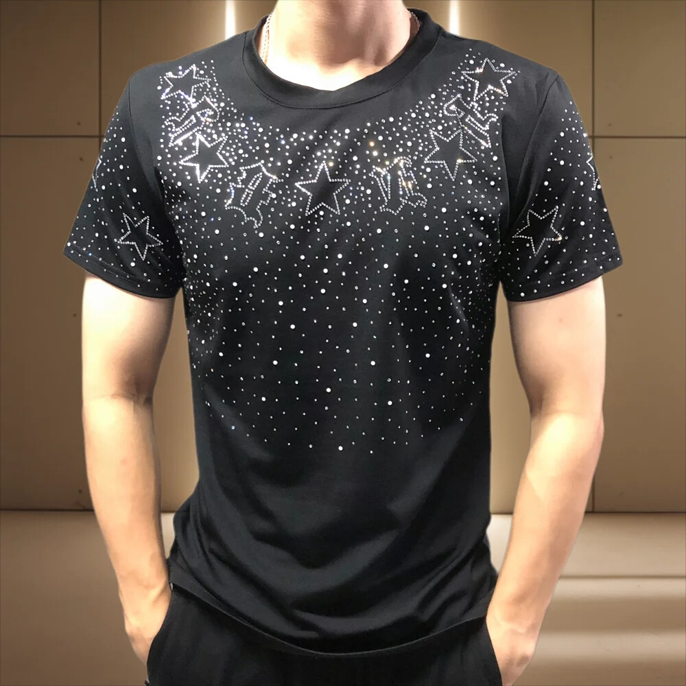 Fashion Star Rhinestone Diamond Summer Short Sleeve Luxury Men Trend T-Shirt