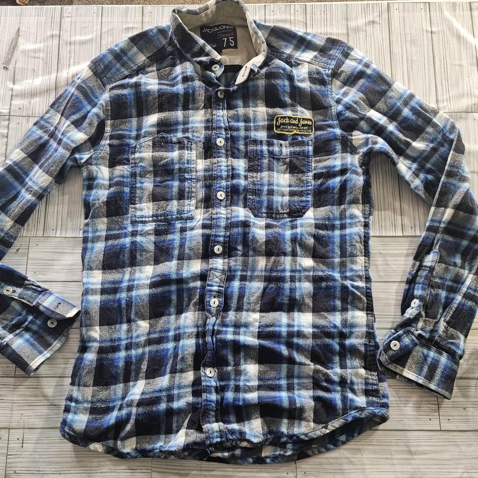 Jack & Jones Shirt Mens Small Blue Plaid Button Front Jeans Intelligence Flannel