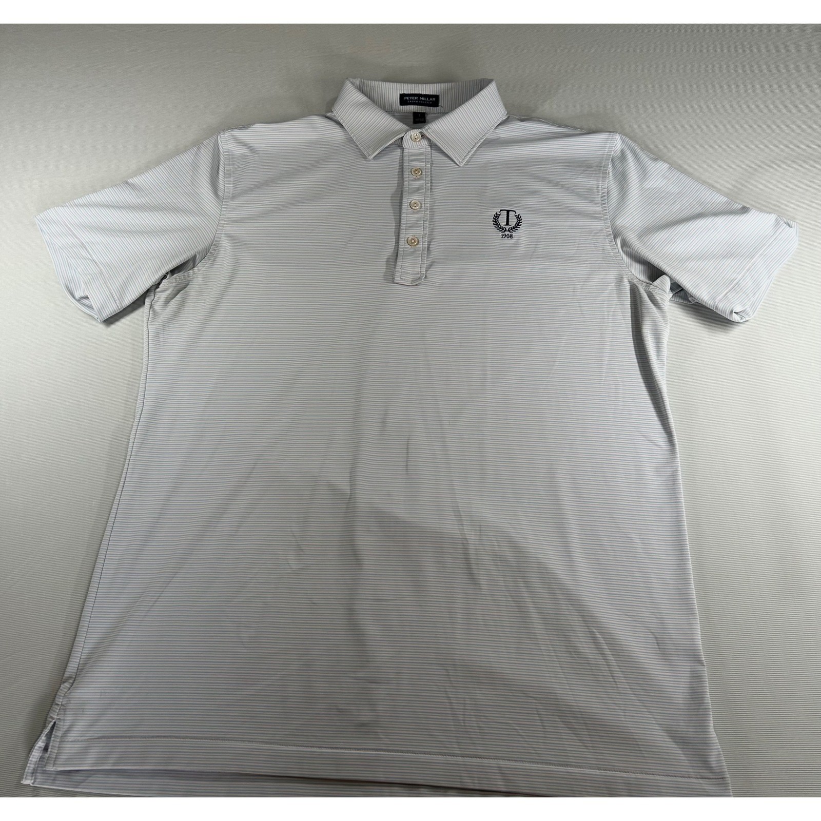 Peter Millar Crown Crafted Mens Large Blue White Stripe T 1908 Crest Polo Shirt