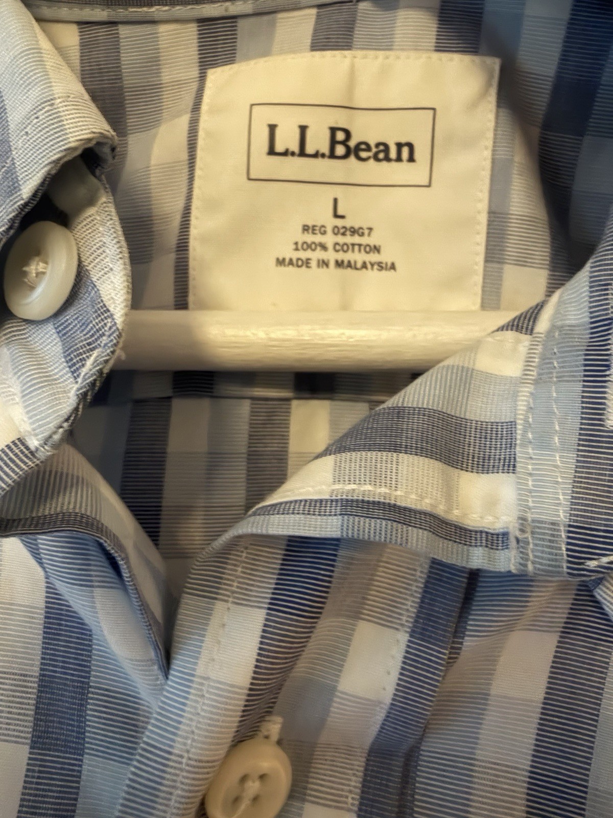 L.L.Bean Men’s L Blue/White Plaid Button-Down Long Sleeve Cotton Pocket Shirt