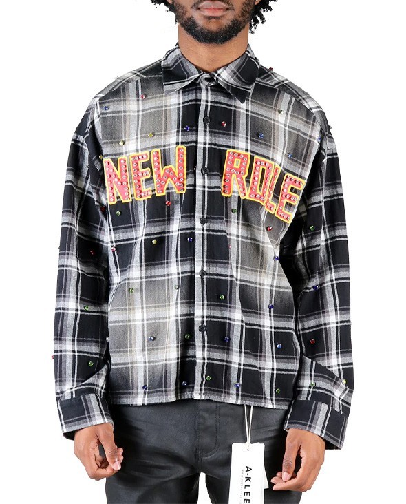 Men’s KLEEP Washed Flannel Crop Top Button Down Shirt With Rhinestones KW5310