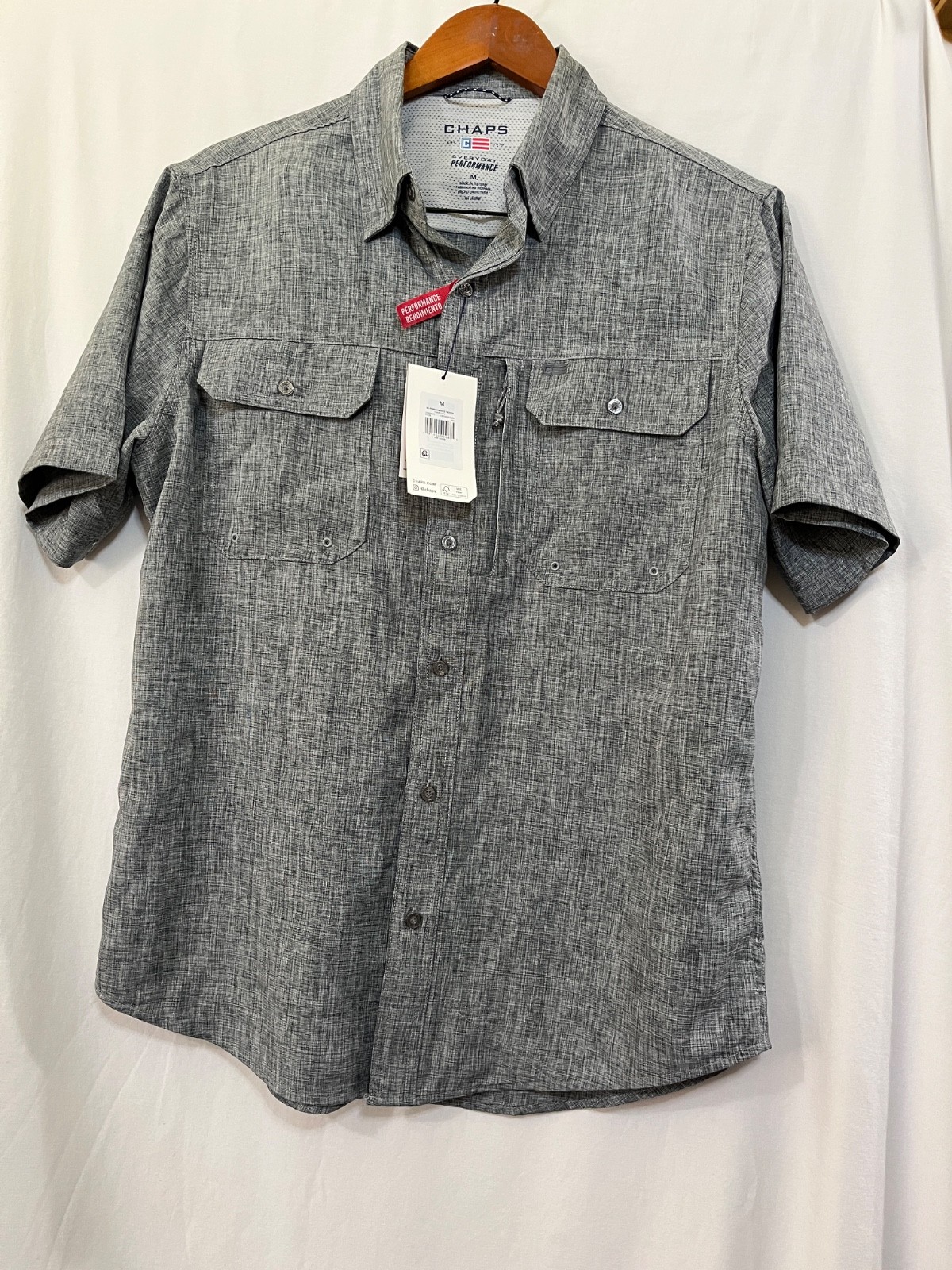 CHAPS Everyday Performance Mens Size M,L Short Sleeve Button Up Gray New