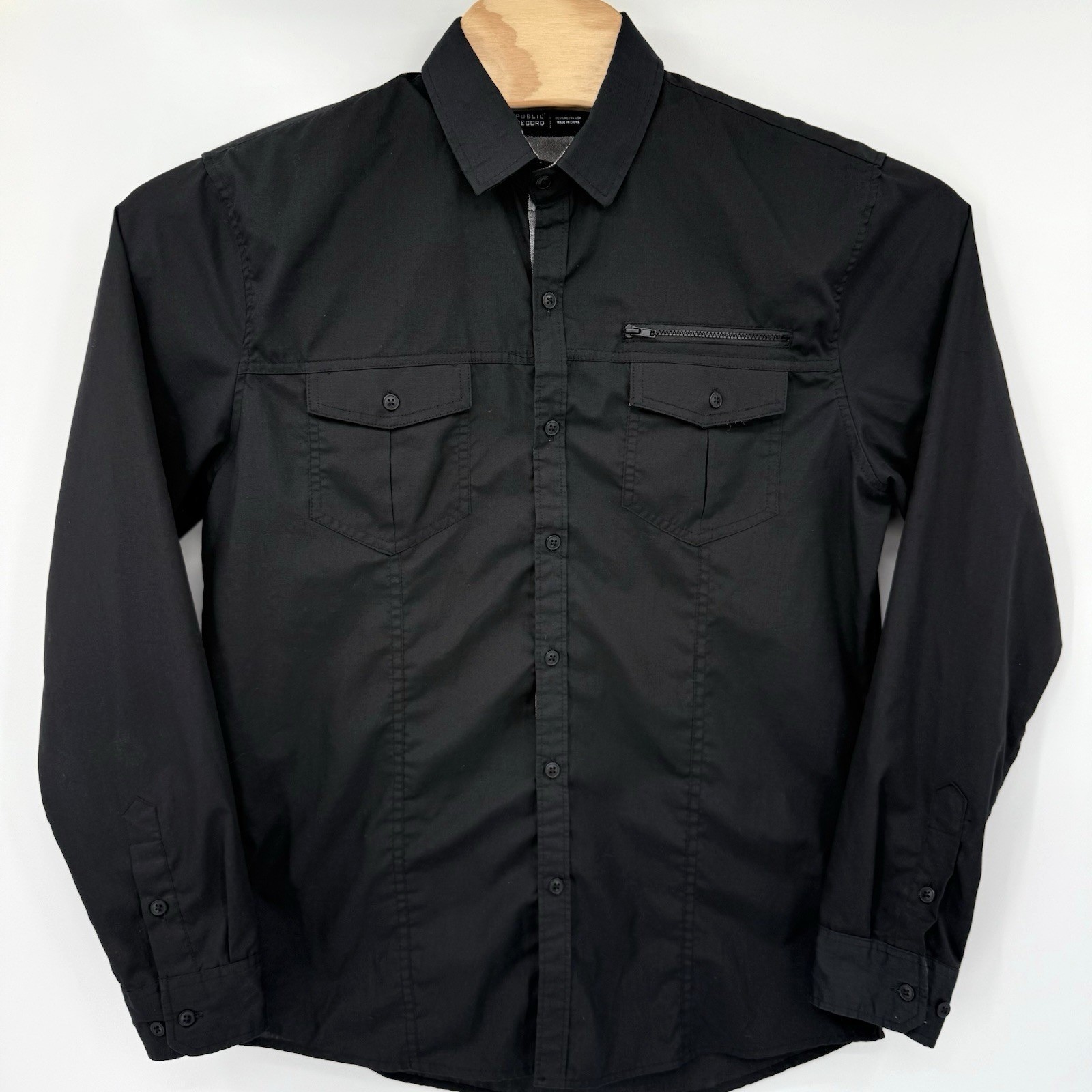 Public Record Button Down Mens Large Black Utility Zip Pocket Long Sleeve Shirt