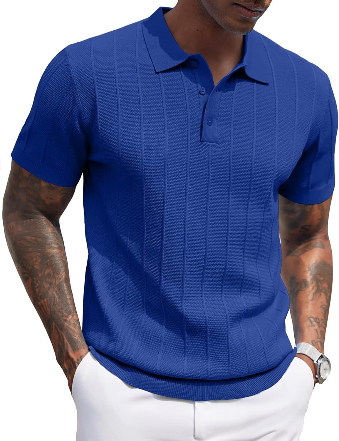 Mens Knit Polo Shirt Short Sleeve Ribbed Lightweight Casual Golf Collared Tee