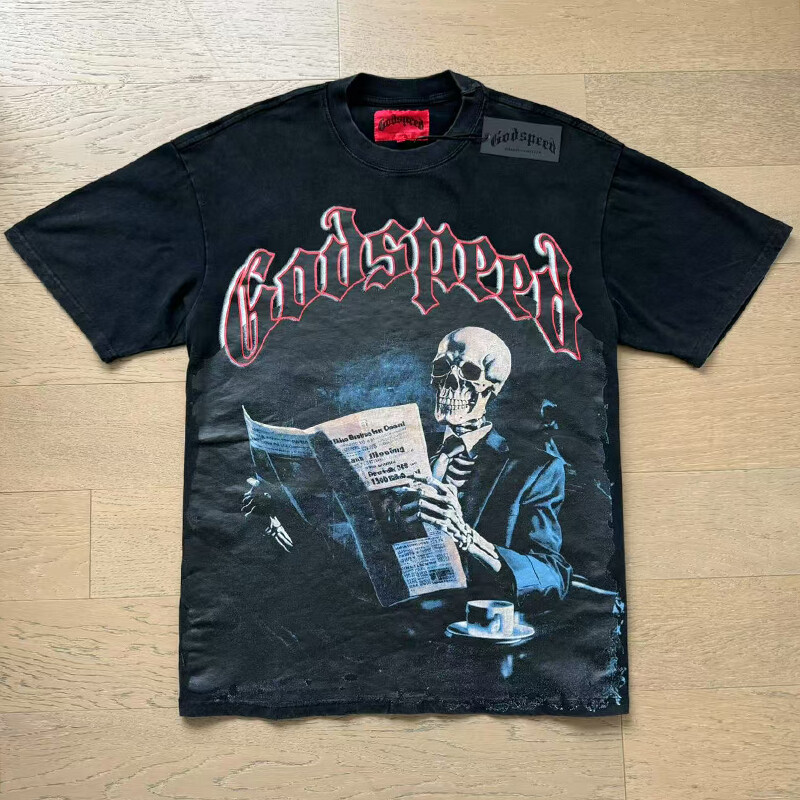 NEW Mens Godspeed Skeleton reading newspapers print Tee Washed T-shirt 2 Color