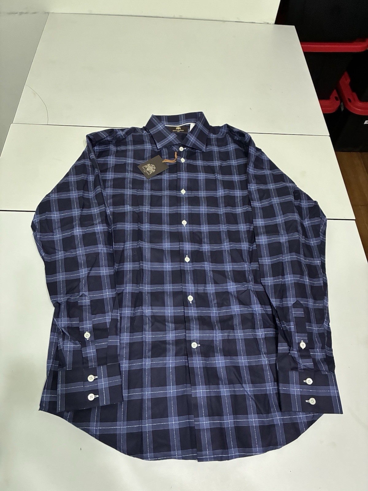 Circle of Gentlemen Shirt 17.5 44 Navy Plaid Windowpane Business Casual Luxury