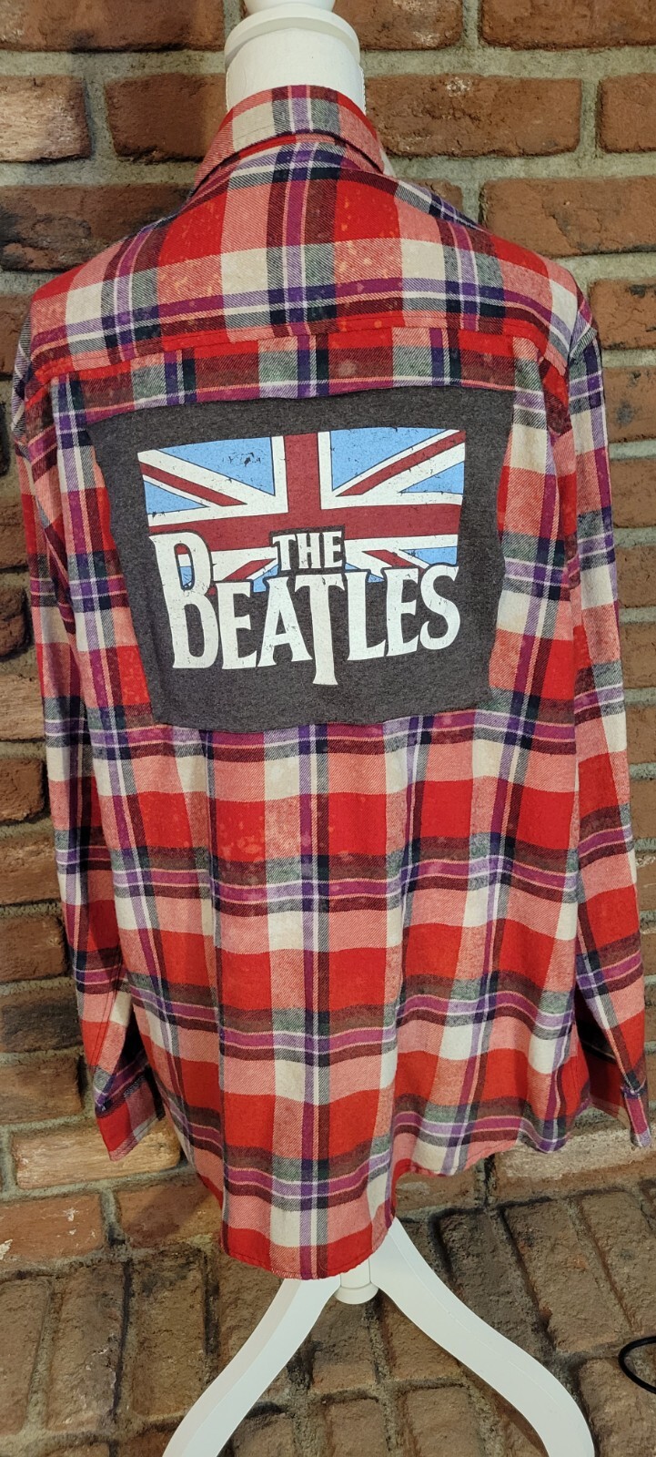 Your choice of BEATLES logo on upcycled flannel. Custom-made to YOUR size