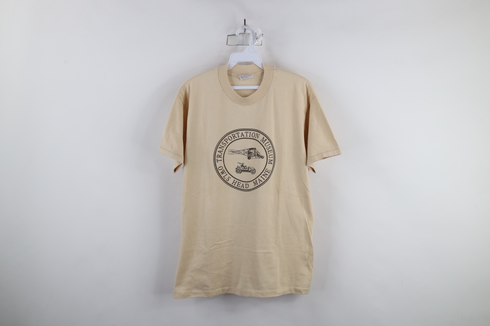 Vtg 80s Mens Large Spell Out Transportation Museum Owls Head Maine T-Shirt USA