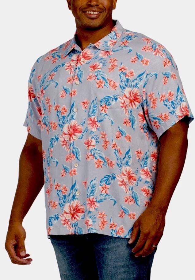 Tommy Bahama Men Silk Big Tall Shirt Hibiscus LT XLT 2XLT 3XLT 3XLB 4XLB Gray C1