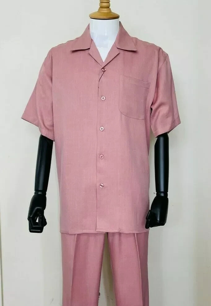 New Men’s 2pc Walking Suit Short Sleeve Casual Shirt & Pants Set Solid #2954