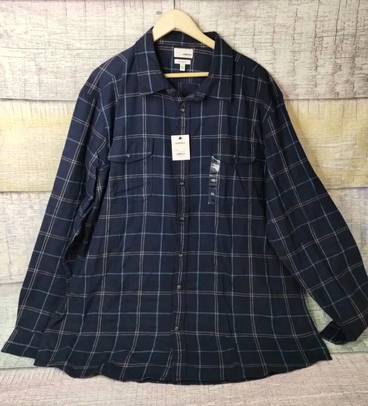 Sonoma Mens Modern Fit Blue Plaid Flannel Button Down Shirt Size XXL Soft Feel