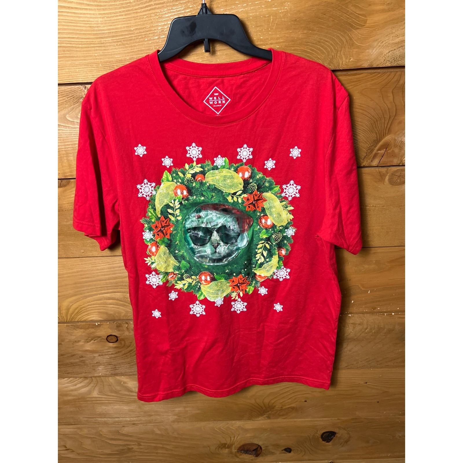 Well Worn Red Christmas Cat Wreath Graphic T Shirt Mens XXL Holographic Funy