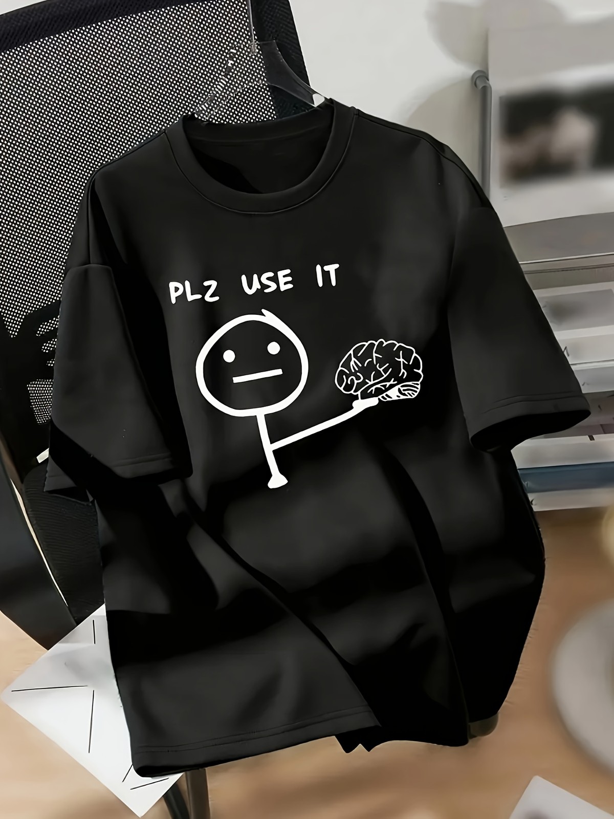 Funny Stick Figure “Plz Use It” Brain Shirt – Sarcastic Minimalist Graphic Tee
