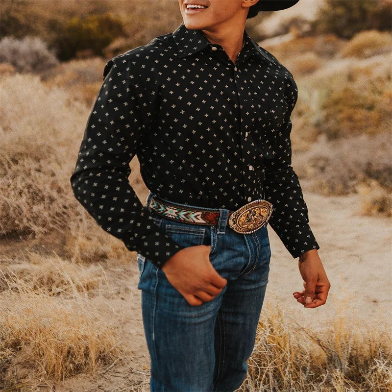 Men’s Western Cowboy Shirt Long Sleeve Retro Printing Casual Buttons Down Shirt