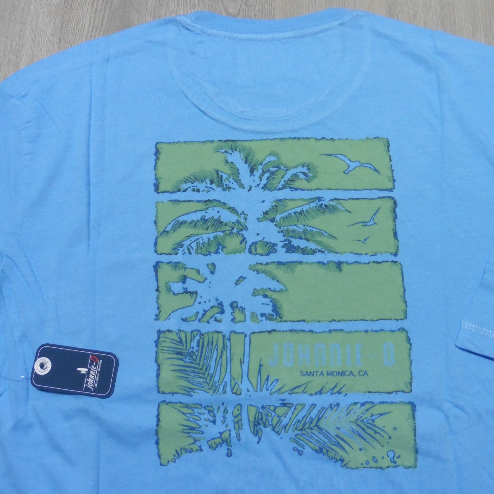 JOHNNIE O Mens XL T SHIRT PALM PARADISE MALIBLU GOLF AQUA BLUE SANTA MONICA TEE