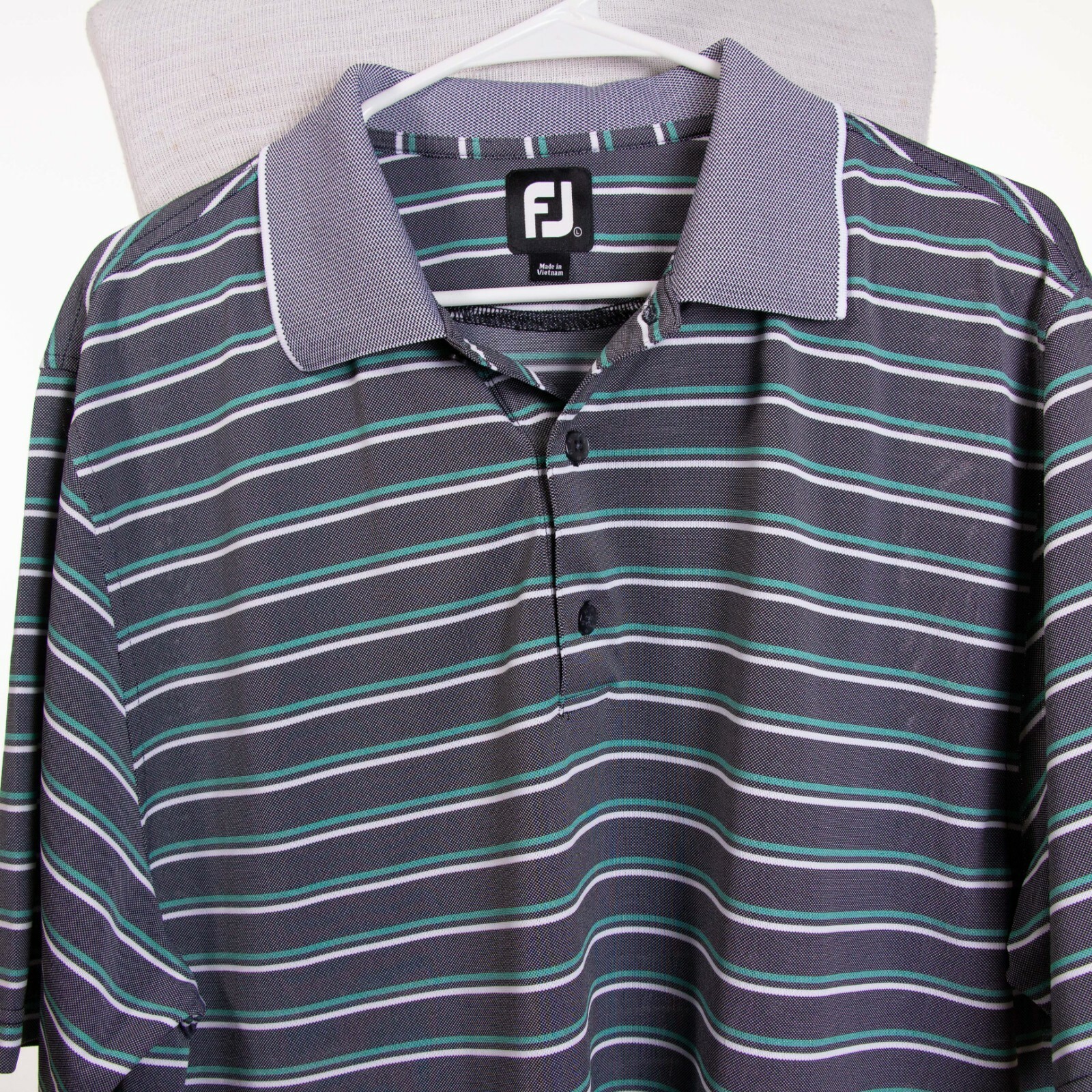 Footjoy Prodry Mens L Gray Stripe Polyester Golf Polo Short SS