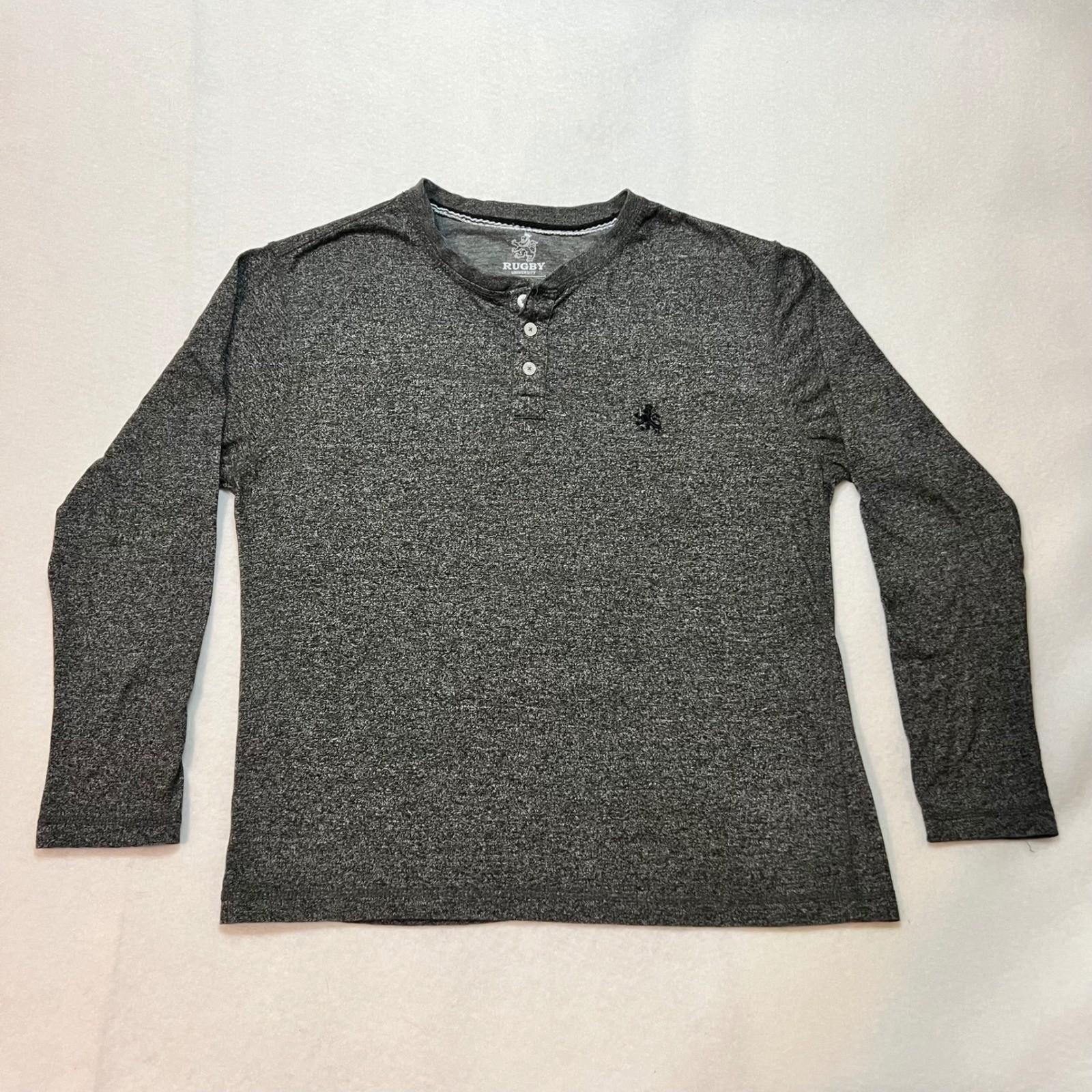 Rugby University Mens Henley Preppy Shirt Med Gray Long Sleeve Embroidered Lion