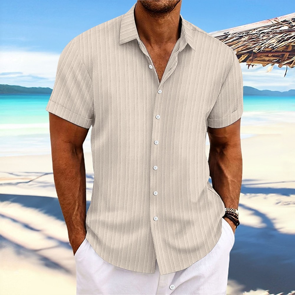 2025 Men Striped Button Down T Shirts Grandad Summer Short Sleeve Casual Tops