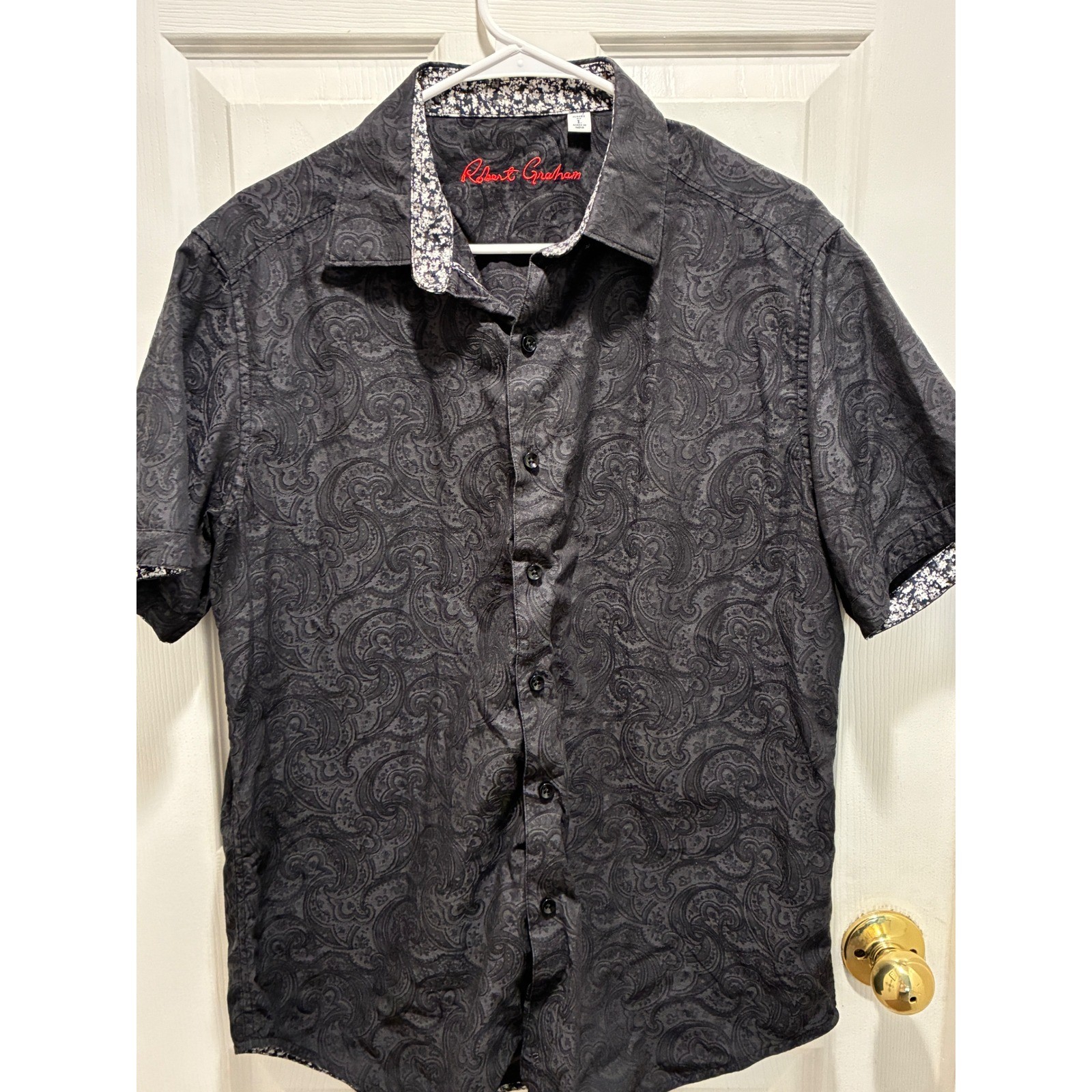 Robert Graham Mens Black Paisley Jacquard Short Sleeve Button Down Shirt Large