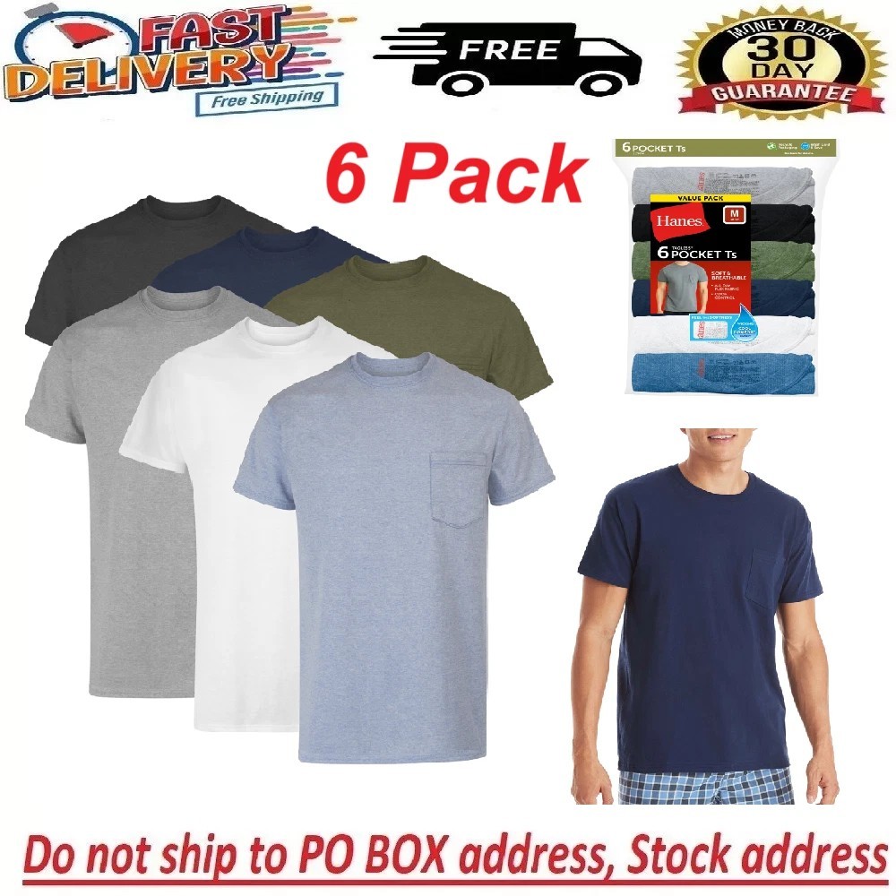 Hanes 6-Pack Pocket Tee Men’s T-Shirt Soft and Breathable Assorted