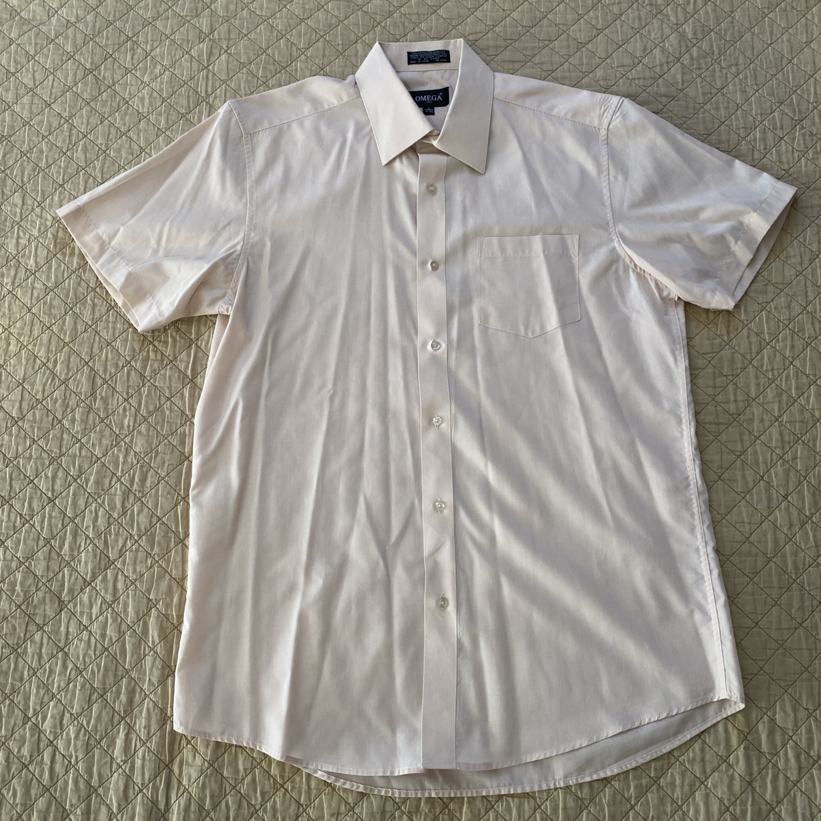 Vintage OMEGA Italy Men’s Short Sleeve Button Down Shirt Size L 16-16 1/2 Tan