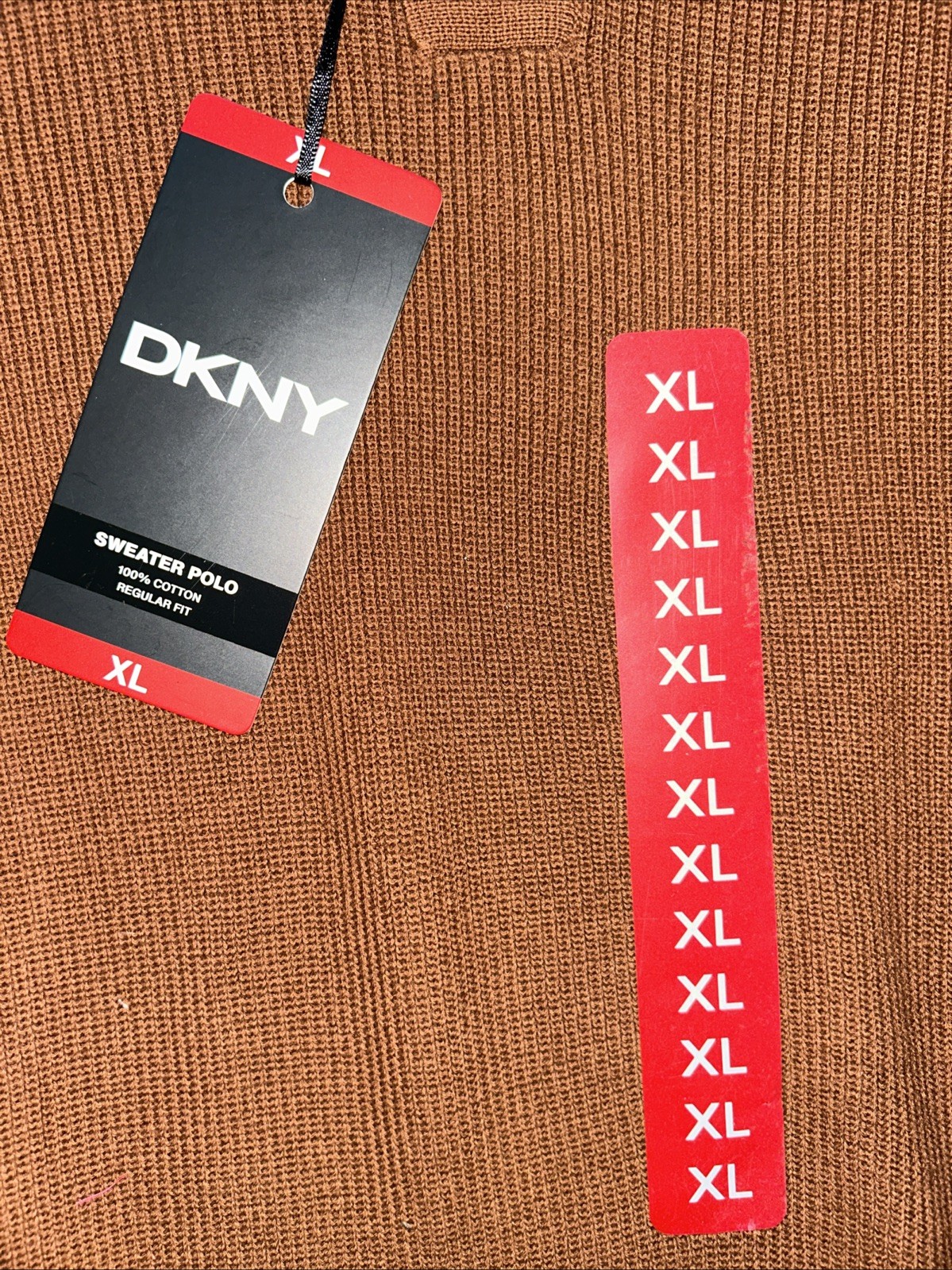 DKNY Mens Sweater Polo Shirt Short Sleeve Cotton Knit Cream Orange Size XL