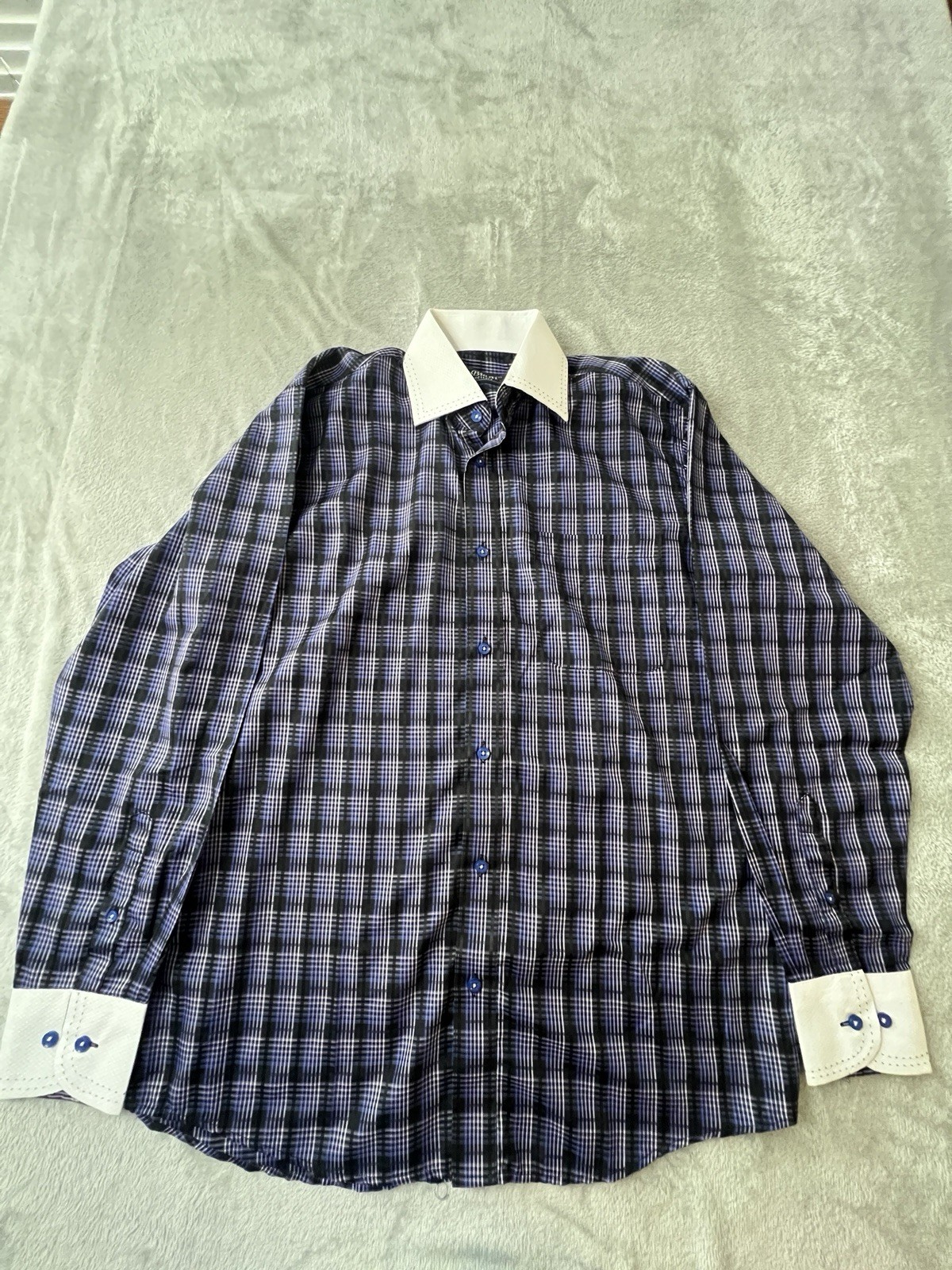 Biani of Italy Mens Shirt Medium Blue Black Plaid Contrast Collar Button Up NWT