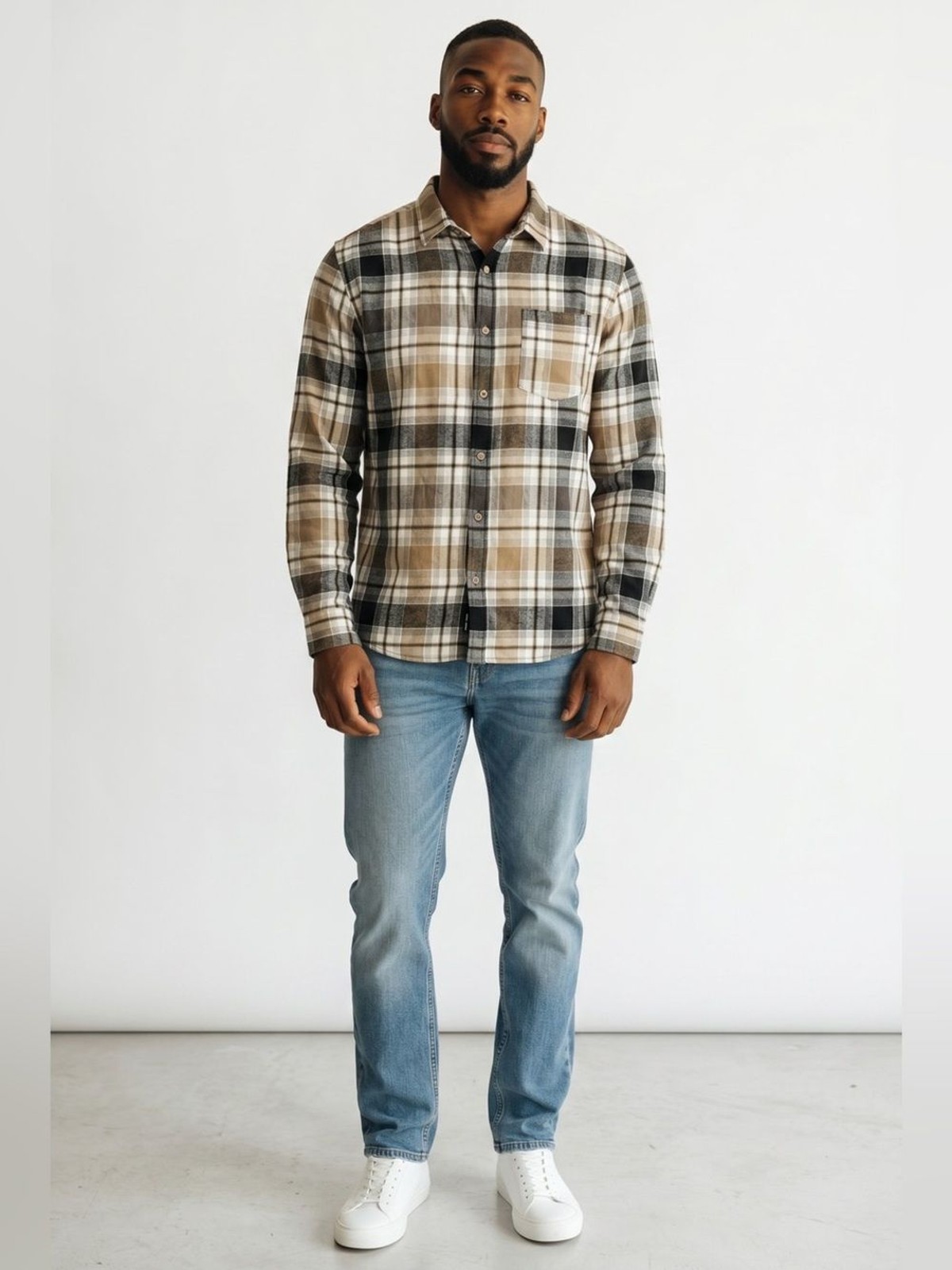 Cotton On Men’s Plaid Button-Down Shirt — Black, White, Brown