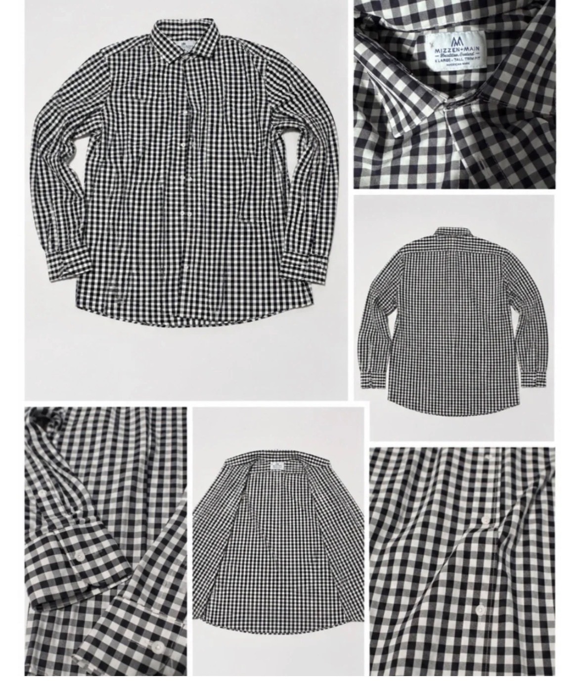 Mizzen Main Mens Shirt XL Tall Black White Gingham Long Sleeve Polyester Stretch