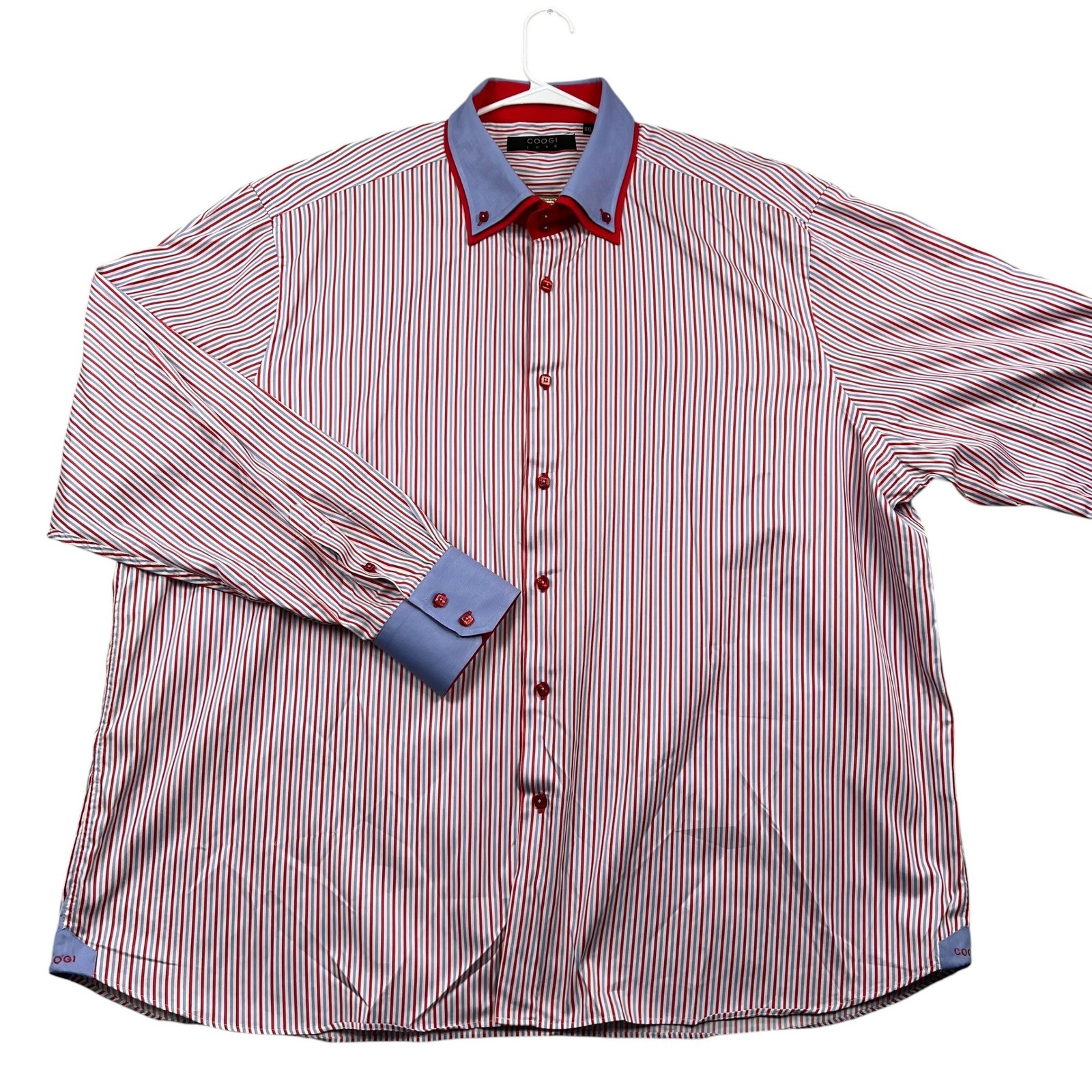 Coogi Button Down Men 6XL Red White Blue Striped Luxe Double Collar Long Sleeve