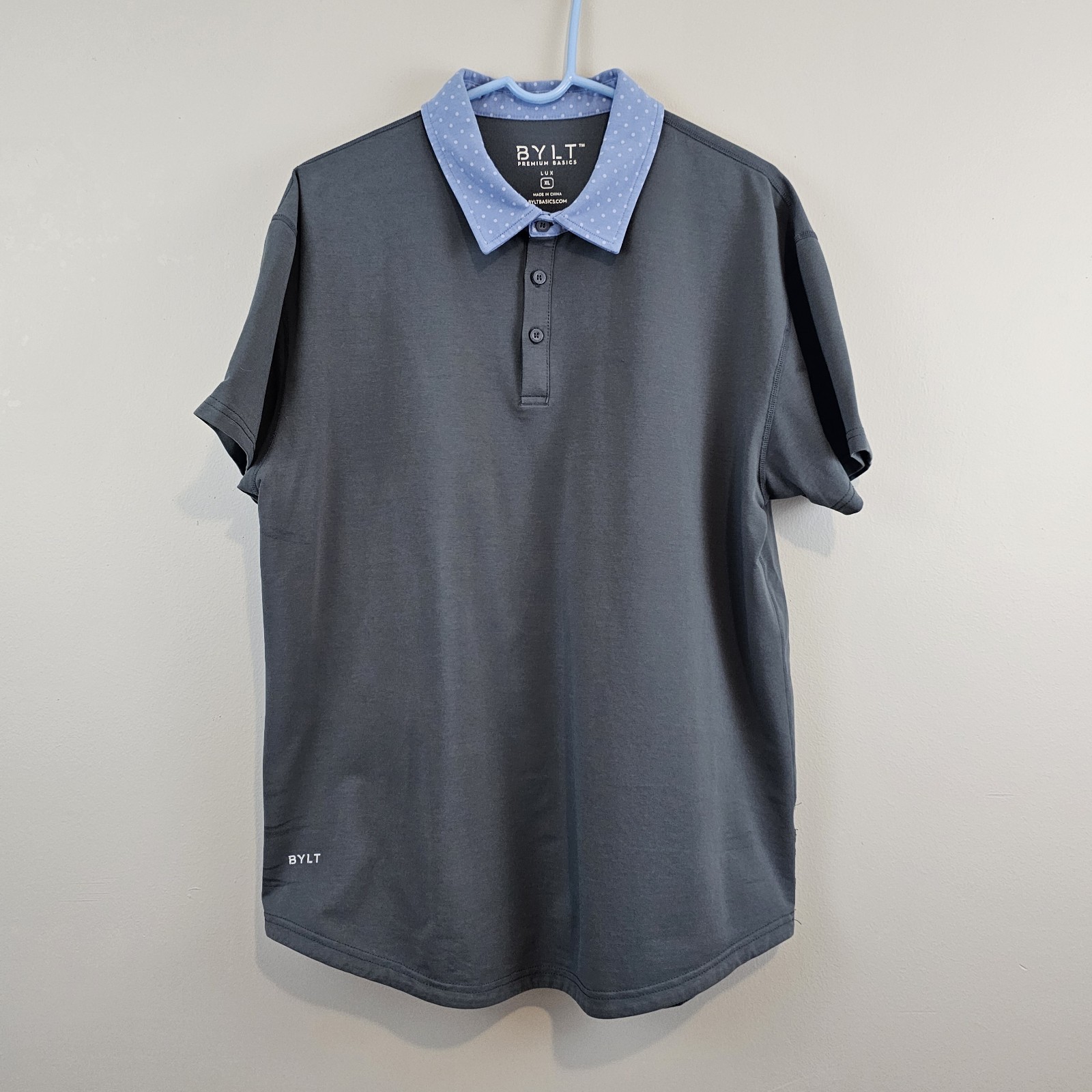 BYLT Lux Polo Shirt Men’s Gray Polka Dot Contrast Collar Cotton Poly Stretch XL